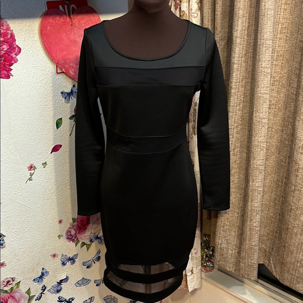 Fire Los Angeles, elegant black bodycon long sleeve midi dress. Size L.